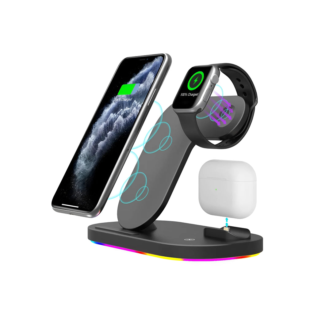 Black folding 3-in-1 wireless charging station showing iPhone, Apple Watch, and AirPods Pro charging simultaneously.