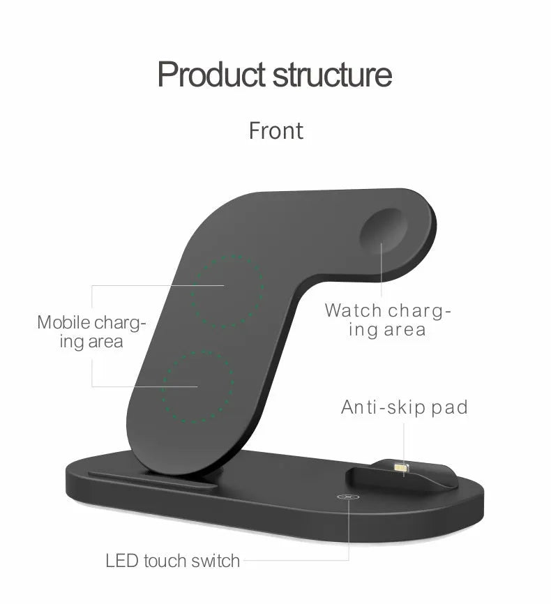 Black folding 3-in-1 wireless charging station showing iPhone, Apple Watch, and AirPods Pro charging simultaneously.