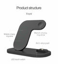 Black folding 3-in-1 wireless charging station showing iPhone, Apple Watch, and AirPods Pro charging simultaneously.