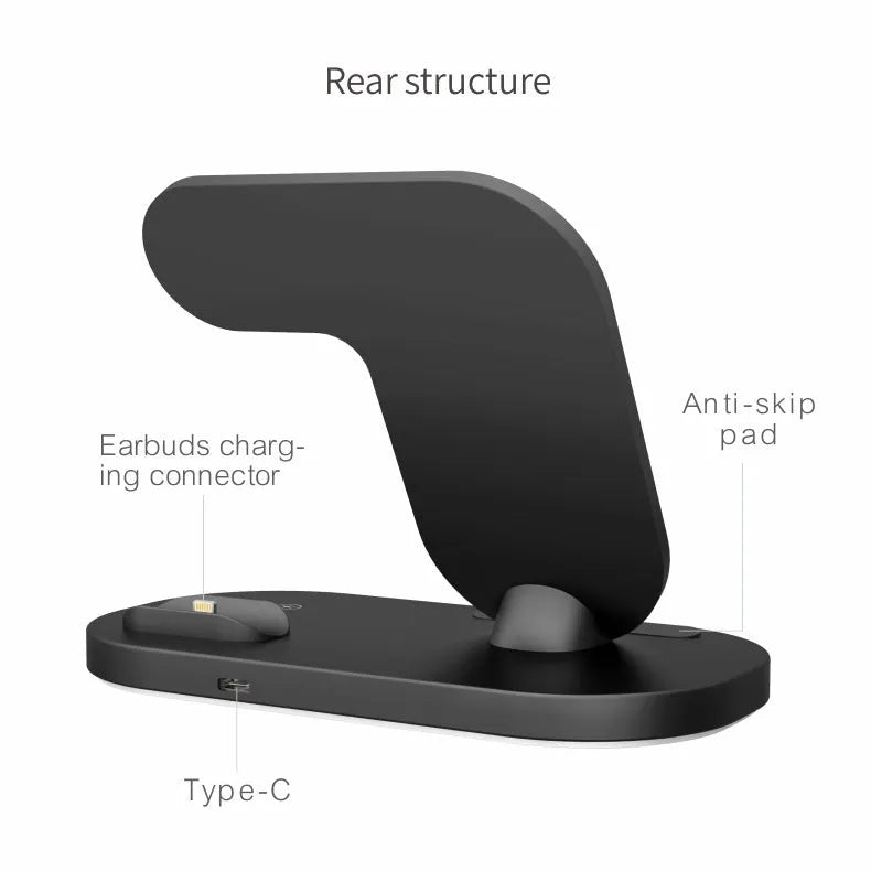 Black folding 3-in-1 wireless charging station showing iPhone, Apple Watch, and AirPods Pro charging simultaneously.