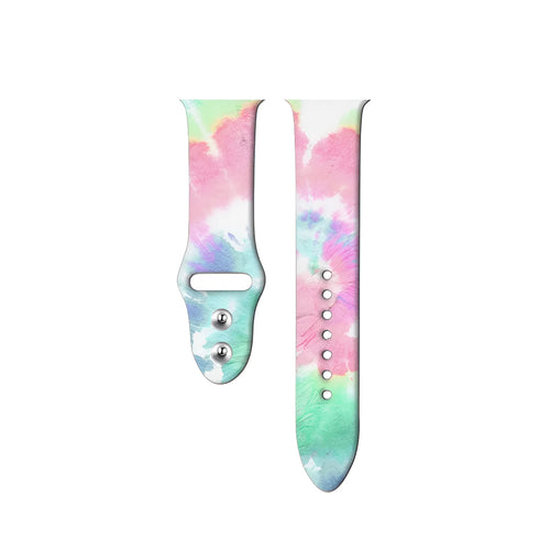 Silicone Apple Watch band in a colourful tie-dye pattern, showing the adjustable strap length.