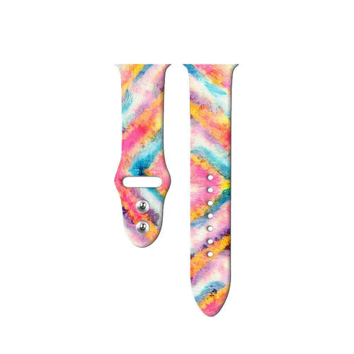 Silicone Apple Watch band in a colourful tie-dye pattern, showing the adjustable strap length.