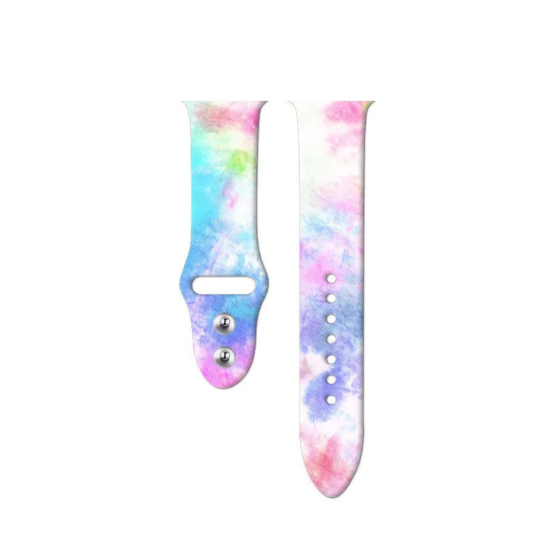 Silicone Apple Watch band in a colourful tie-dye pattern, showing the adjustable strap length.