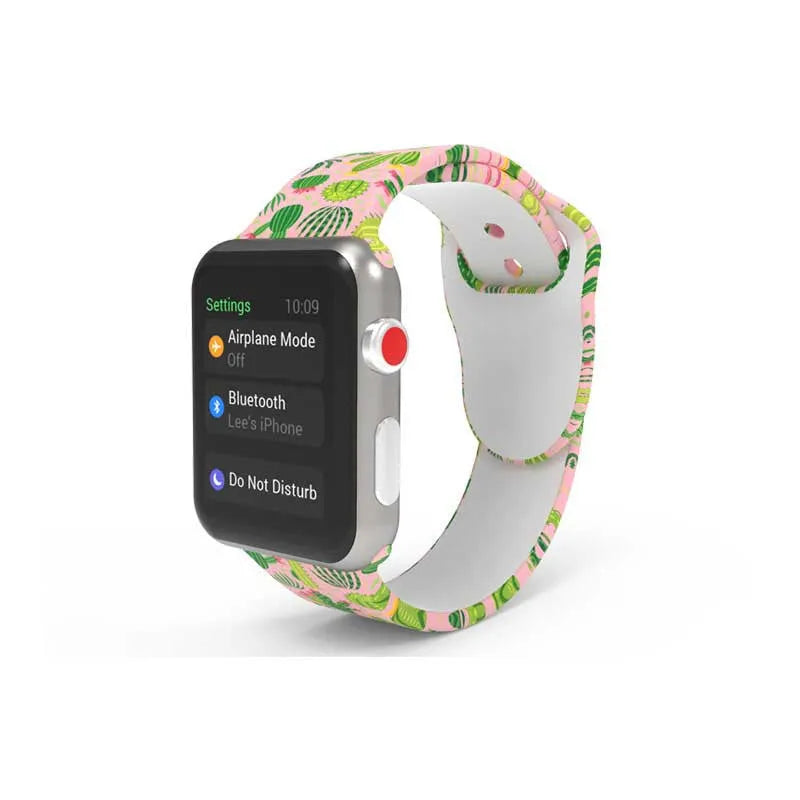 Silicone Apple Watch band in a colourful tie-dye pattern, showing the adjustable strap length.