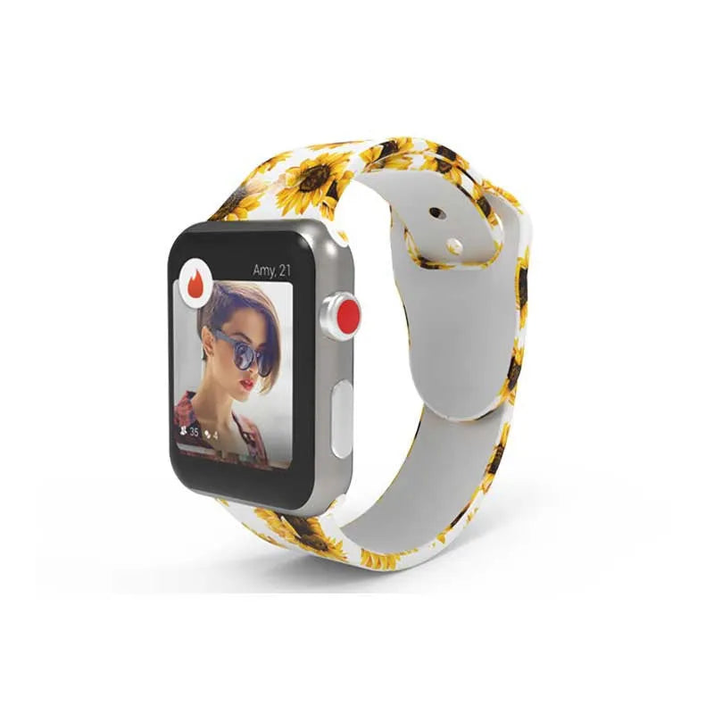 Silicone Apple Watch band in a colourful tie-dye pattern, showing the adjustable strap length.