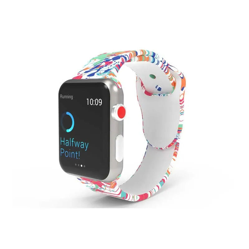 Silicone Apple Watch band in a colourful tie-dye pattern, showing the adjustable strap length.