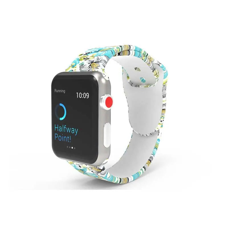 Silicone Apple Watch band in a colourful tie-dye pattern, showing the adjustable strap length.