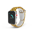 Silicone Apple Watch band in a colourful tie-dye pattern, showing the adjustable strap length.