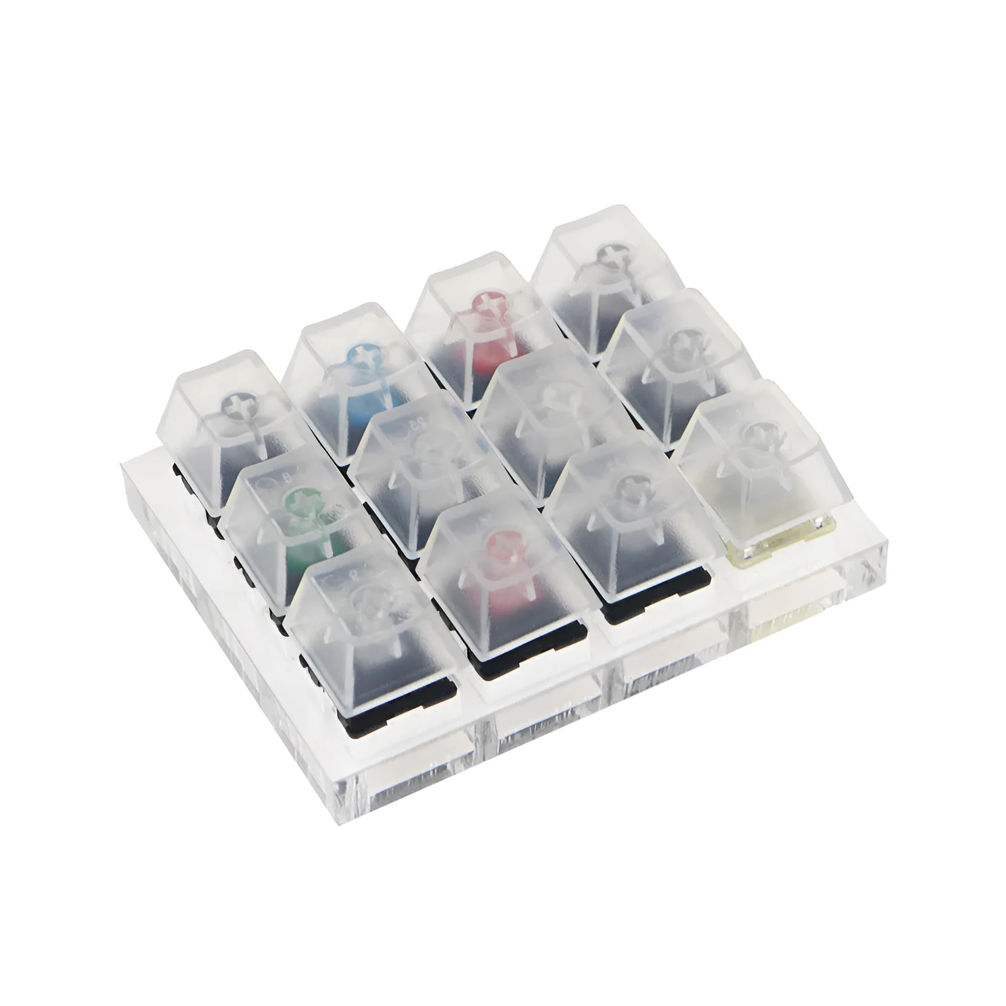 White mechanical keyboard with twelve different Cherry MX switch types for testing