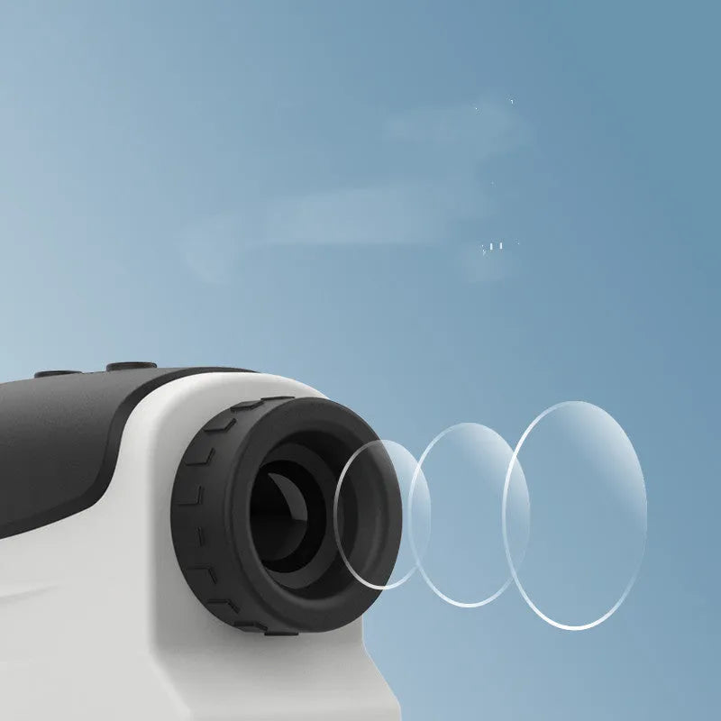 Black laser distance measuring instrument or ranging telescope for outdoor use.