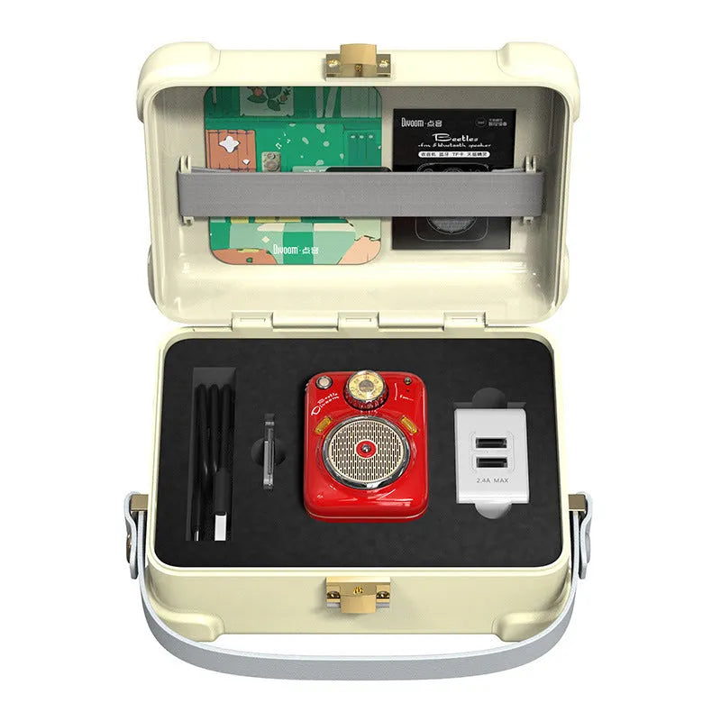 Compact FM Four in One Smart Bluetooth Speaker Radio in green, pink, red, or white colour.