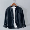 Fashion stand-up collar solid colour simple youth long-sleeved cotton shirt in white, front view