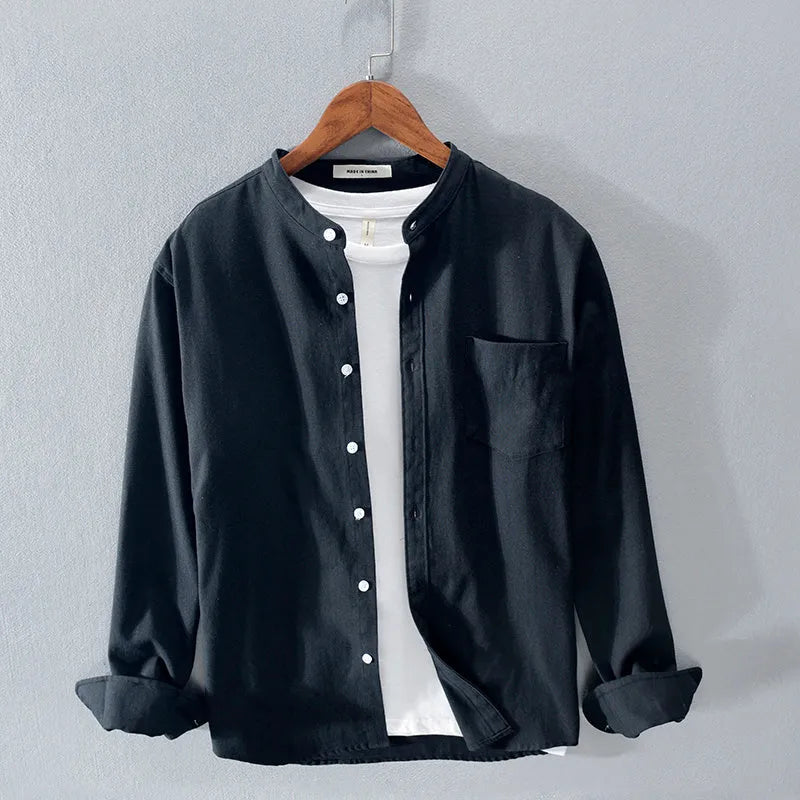 Fashion stand-up collar solid colour simple youth long-sleeved cotton shirt in white, front view