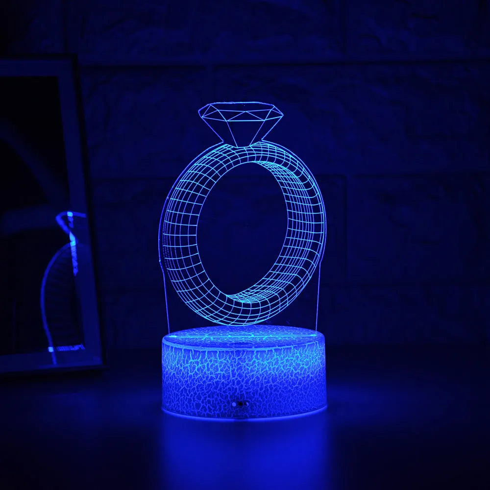 3D LED Night Light With Diamond Ring ABS Plastic Acrylic Laser Engraved 7 or 16 Colour Changes Touch Switch Remote Control USB Battery Powered Home Bedroom Decor