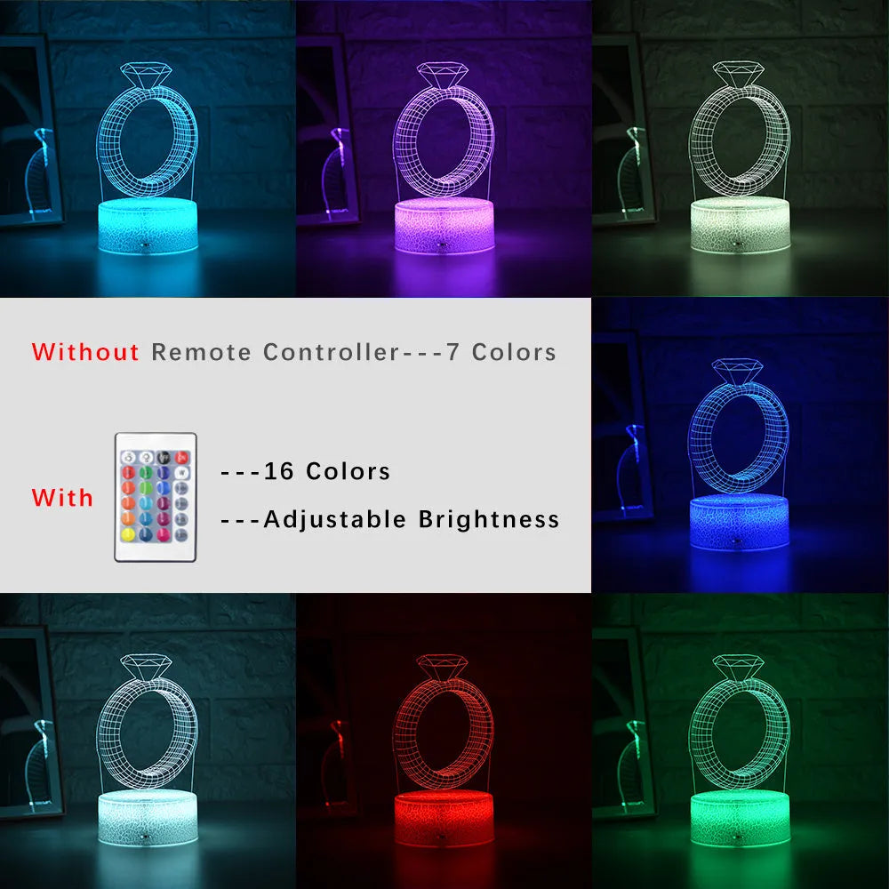 3D LED Night Light With Diamond Ring ABS Plastic Acrylic Laser Engraved 7 or 16 Colour Changes Touch Switch Remote Control USB Battery Powered Home Bedroom Decor