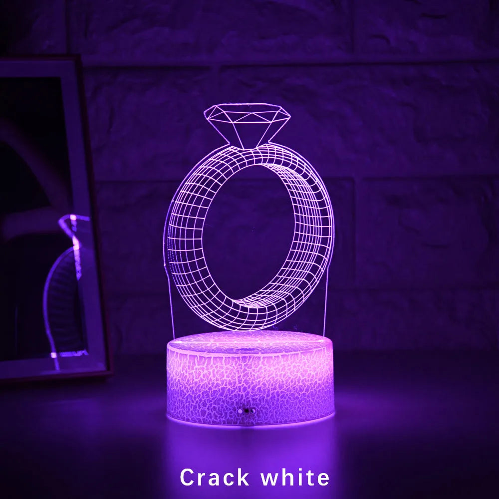 3D LED Night Light With Diamond Ring ABS Plastic Acrylic Laser Engraved 7 or 16 Colour Changes Touch Switch Remote Control USB Battery Powered Home Bedroom Decor