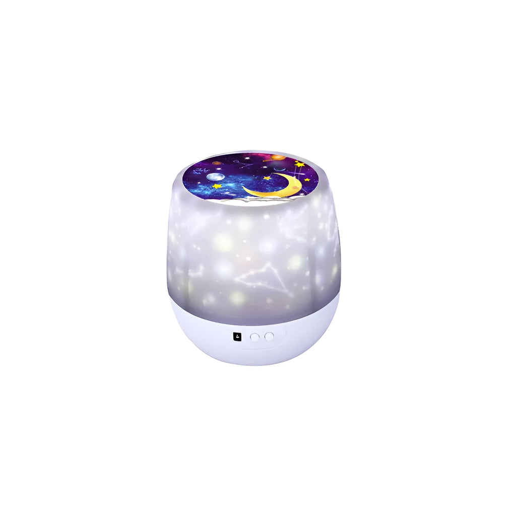Pruixin PRX1363 rotating LED projector night light showing starry sky patterns on a wall.