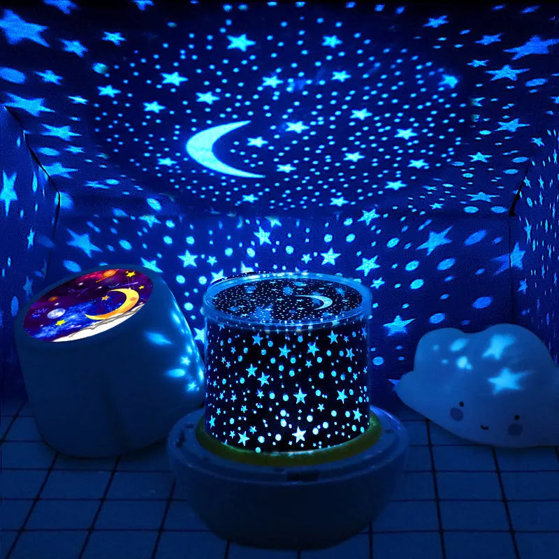 Pruixin PRX1363 rotating LED projector night light showing starry sky patterns on a wall.