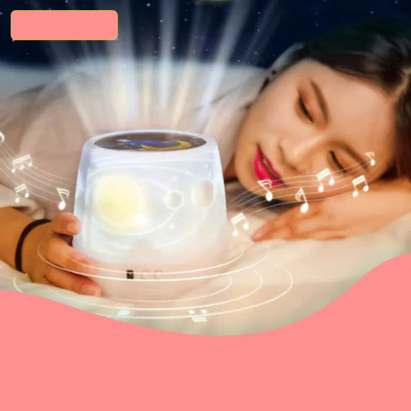 Pruixin PRX1363 rotating LED projector night light showing starry sky patterns on a wall.