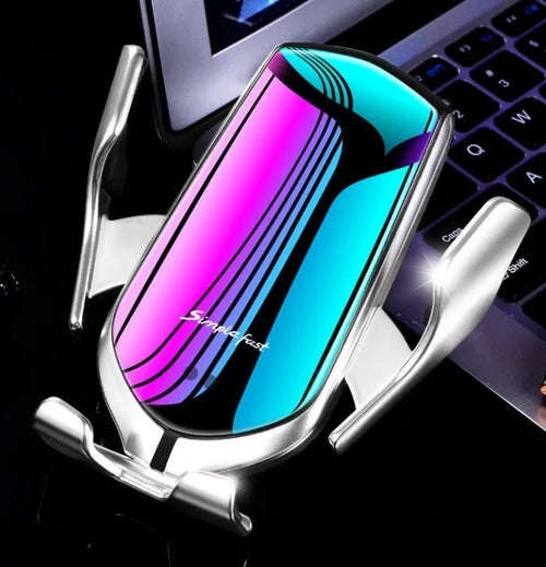 Magic Clip R1 automatic car wireless phone charger in gold and silver colours showing mounting and charging features