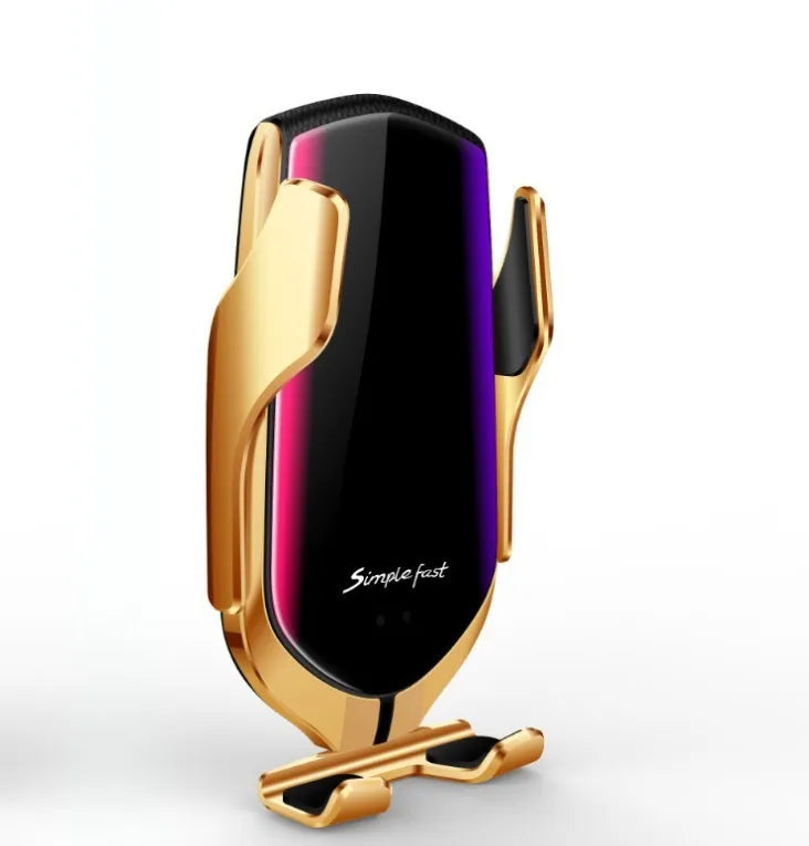 Magic Clip R1 automatic car wireless phone charger in gold and silver colours showing mounting and charging features