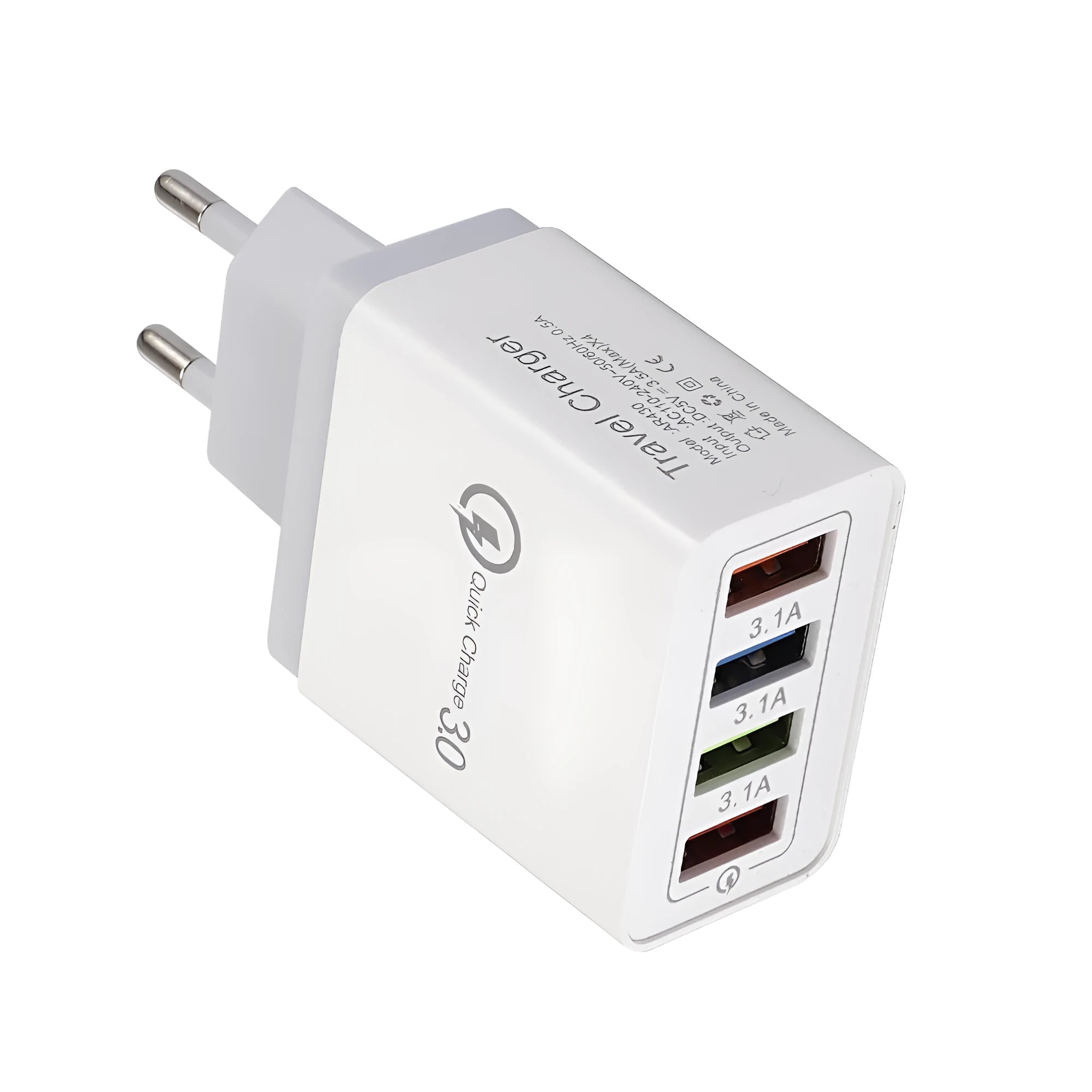 4-port USB mobile phone charger with illuminated indicators in multiple colour options