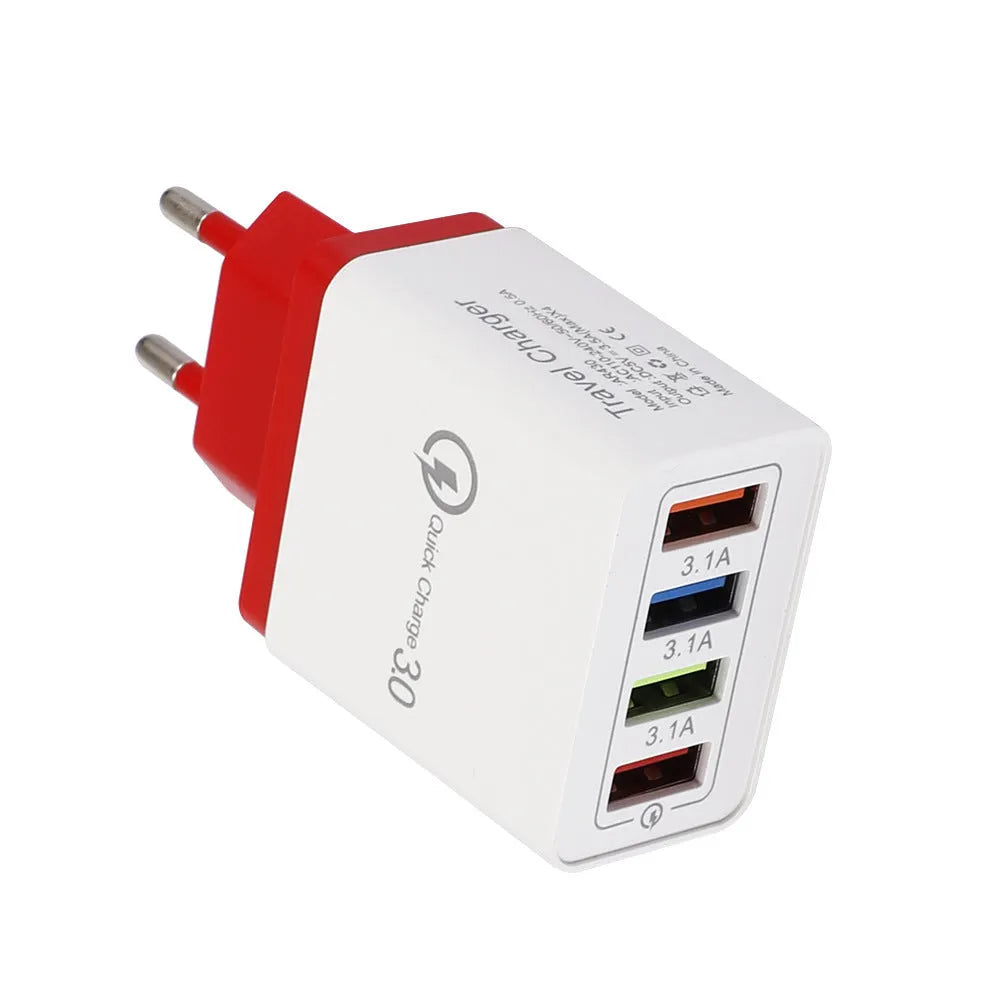 4-port USB mobile phone charger with illuminated indicators in multiple colour options