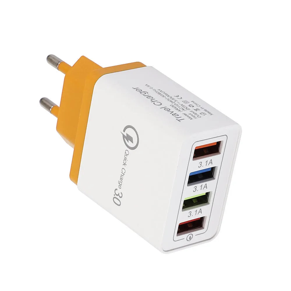 4-port USB mobile phone charger with illuminated indicators in multiple colour options