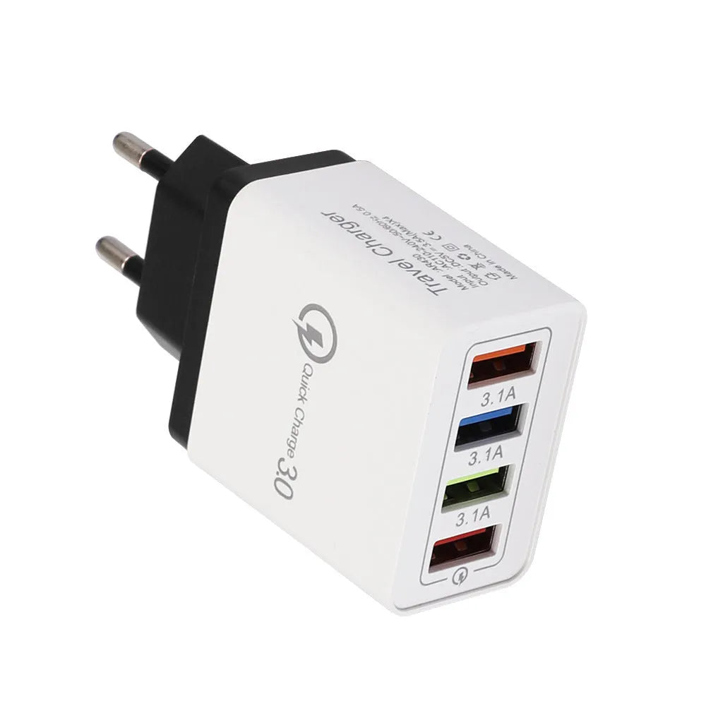 4-port USB mobile phone charger with illuminated indicators in multiple colour options