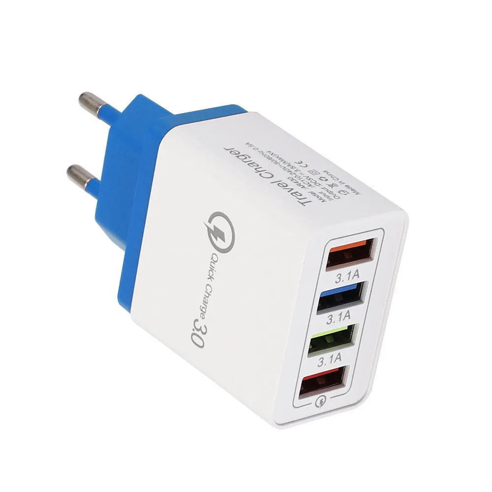 4-port USB mobile phone charger with illuminated indicators in multiple colour options