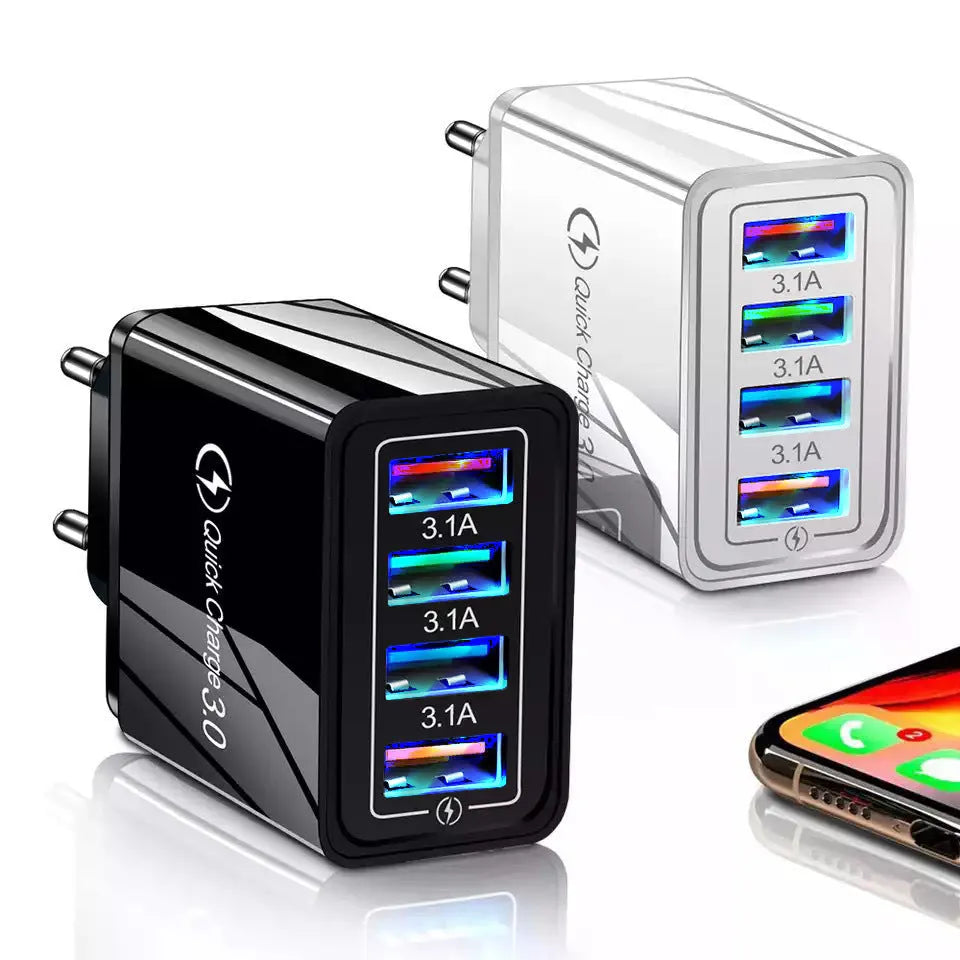 4-port USB mobile phone charger with illuminated indicators in multiple colour options
