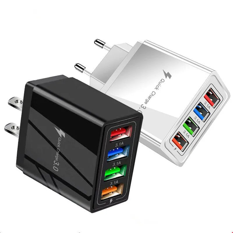 4-port USB mobile phone charger with illuminated indicators in multiple colour options