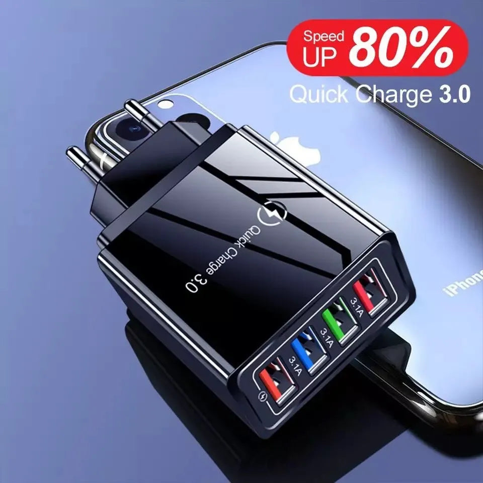 4-port USB mobile phone charger with illuminated indicators in multiple colour options
