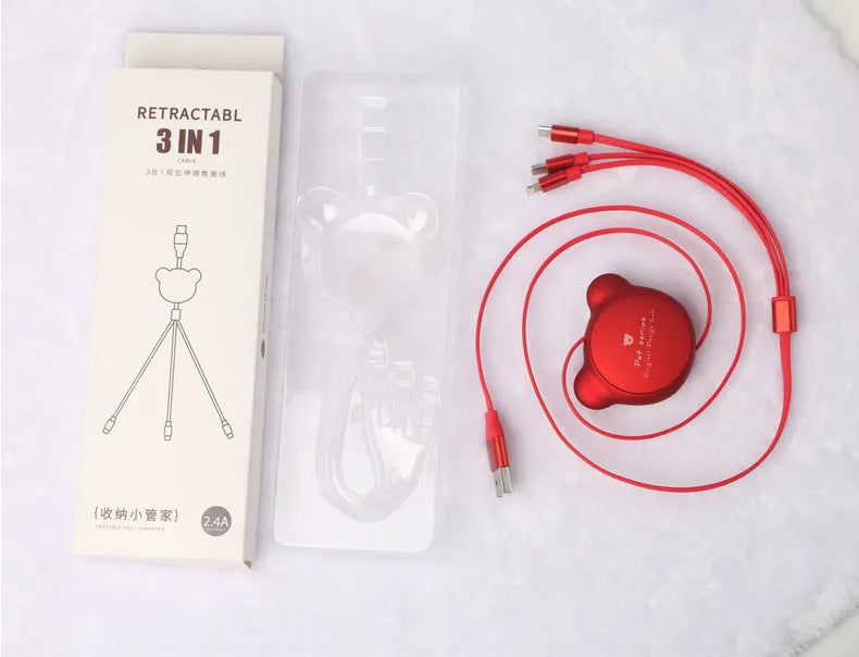 Telescopic bear-shaped USB cable with Mini USB, 30PIN, and Micro USB connectors extended