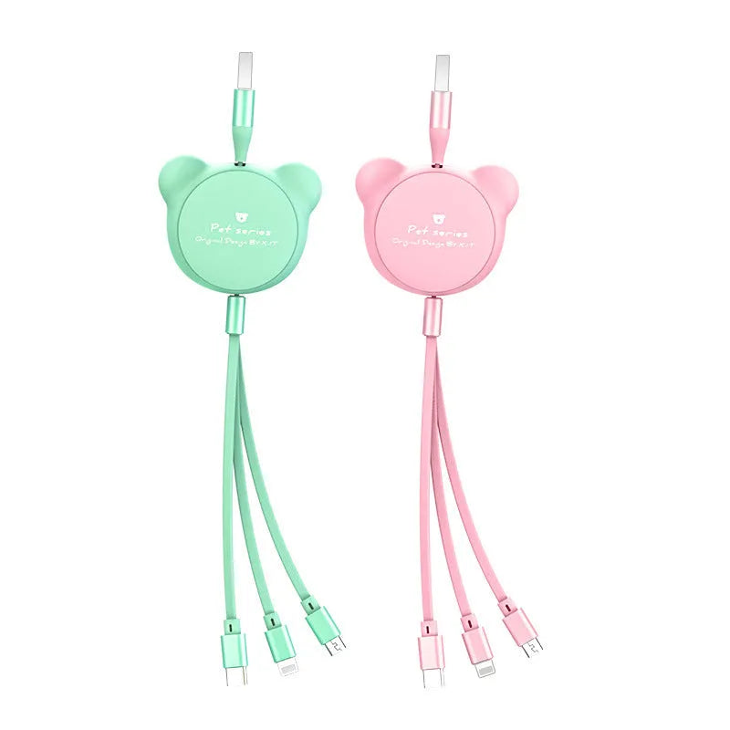 Telescopic bear-shaped USB cable with Mini USB, 30PIN, and Micro USB connectors extended