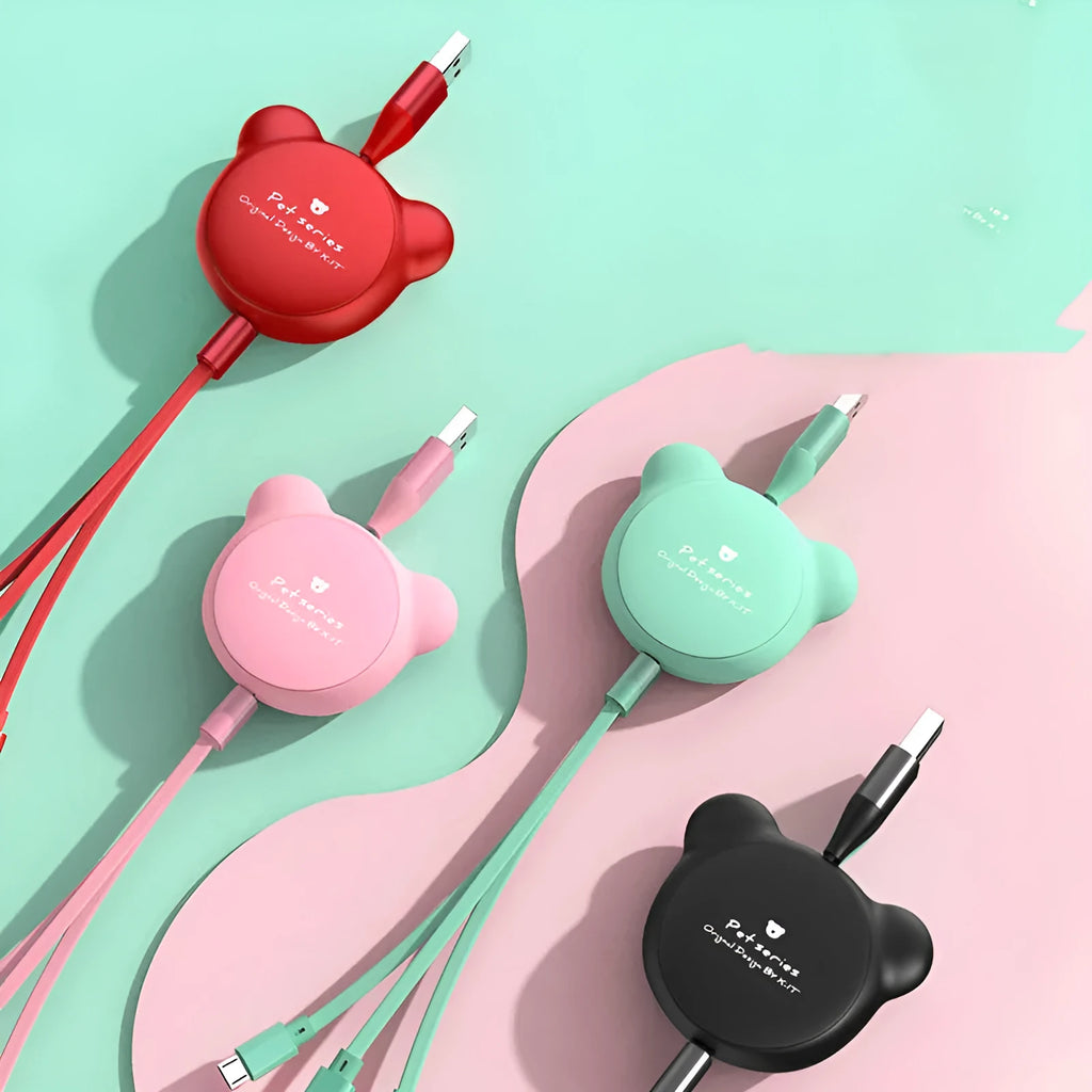 Telescopic bear-shaped USB cable with Mini USB, 30PIN, and Micro USB connectors extended