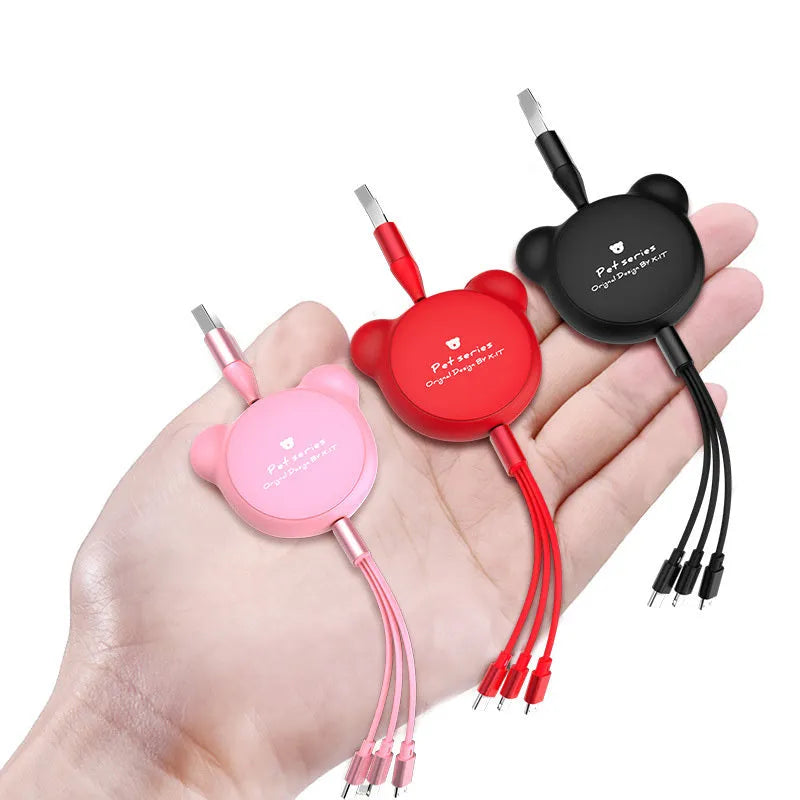 Telescopic bear-shaped USB cable with Mini USB, 30PIN, and Micro USB connectors extended