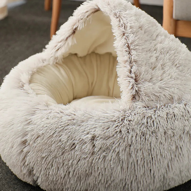 Semi-enclosed cat litter box in crystal velvet fabric, gentleman gray colour, 40cm diameter