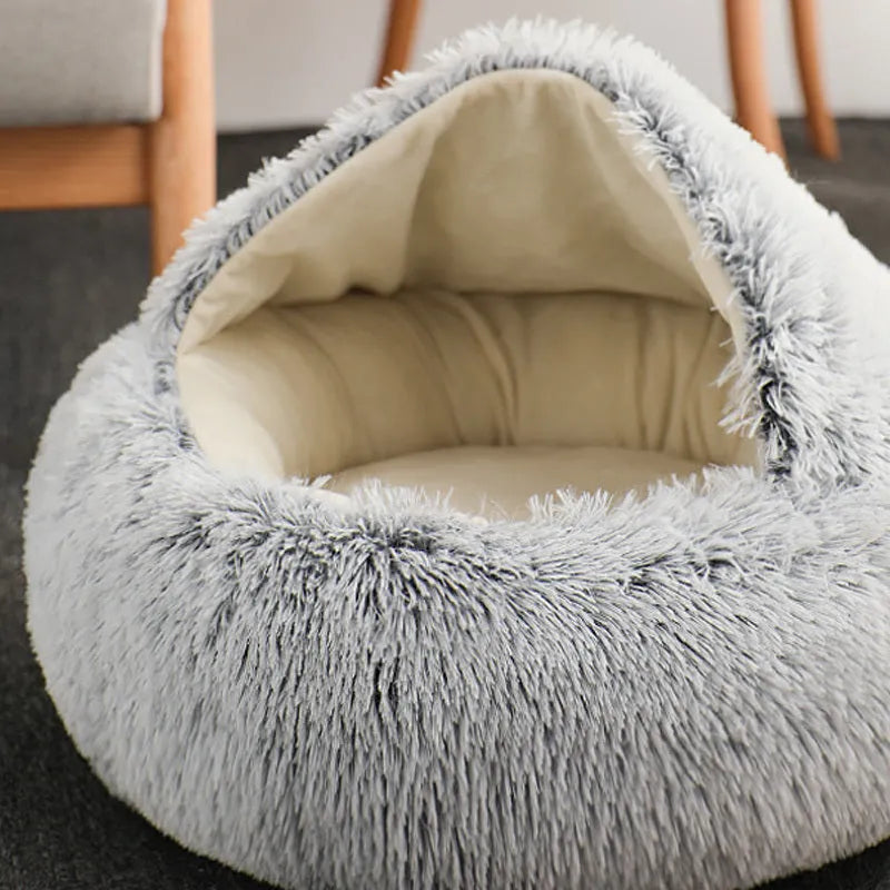Semi-enclosed cat litter box in crystal velvet fabric, gentleman gray colour, 40cm diameter