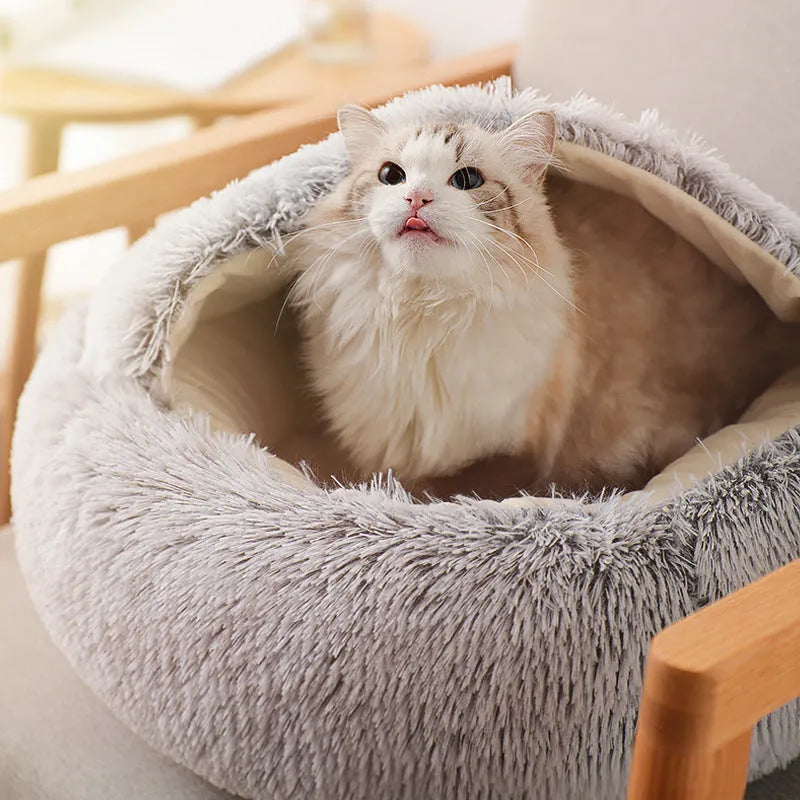 Semi-enclosed cat litter box in crystal velvet fabric, gentleman gray colour, 40cm diameter