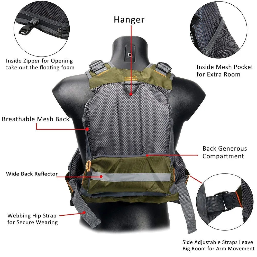Grey fishing life jacket with chest pockets, reflective strips, and adjustable buckle straps