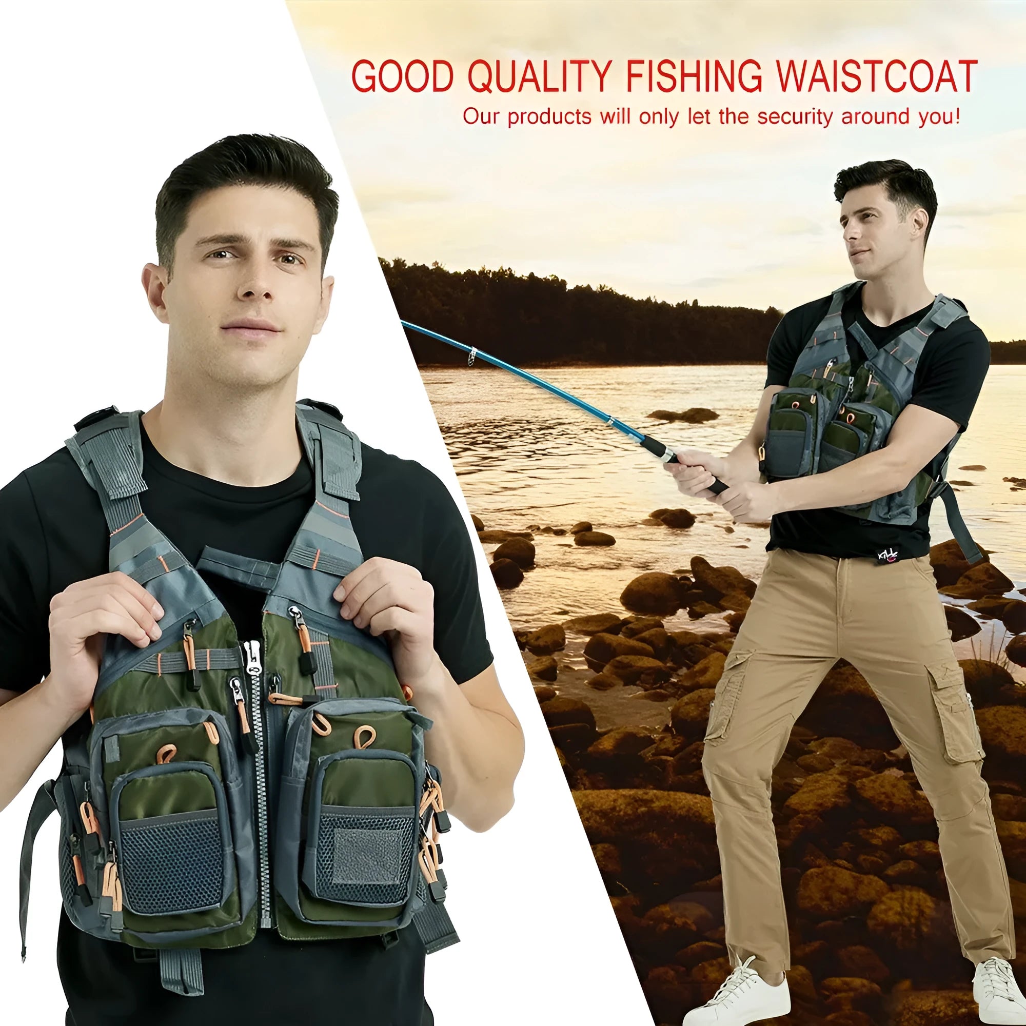Grey fishing life jacket with chest pockets, reflective strips, and adjustable buckle straps