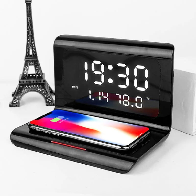 White wireless charger alarm clock showing time, date, temperature and humidity display