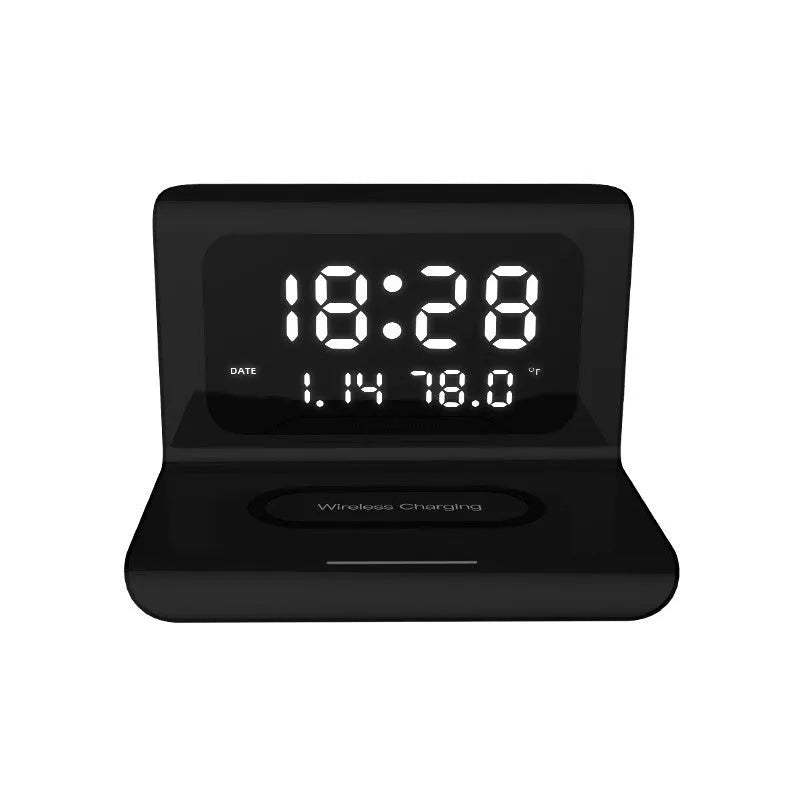 White wireless charger alarm clock showing time, date, temperature and humidity display