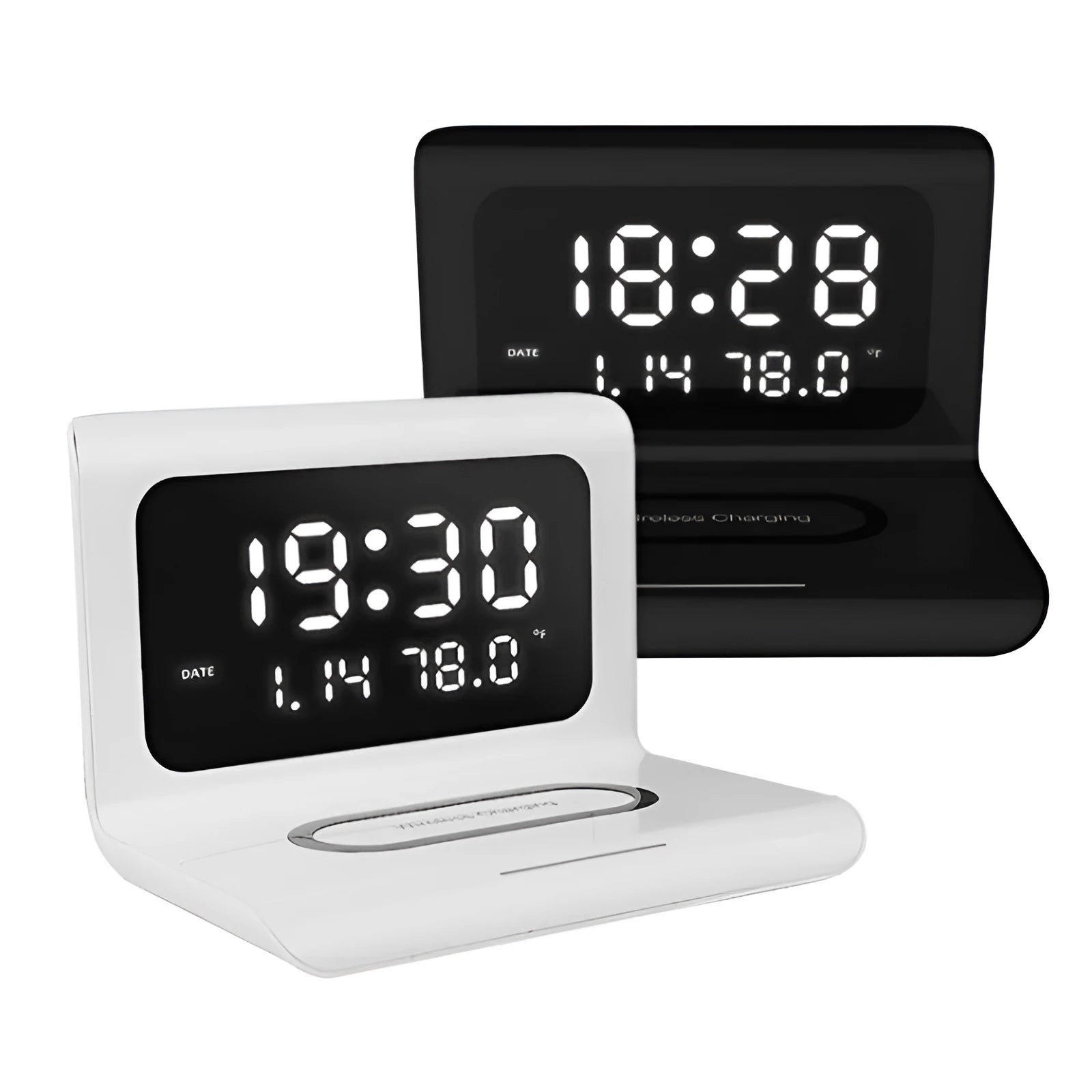 White wireless charger alarm clock showing time, date, temperature and humidity display