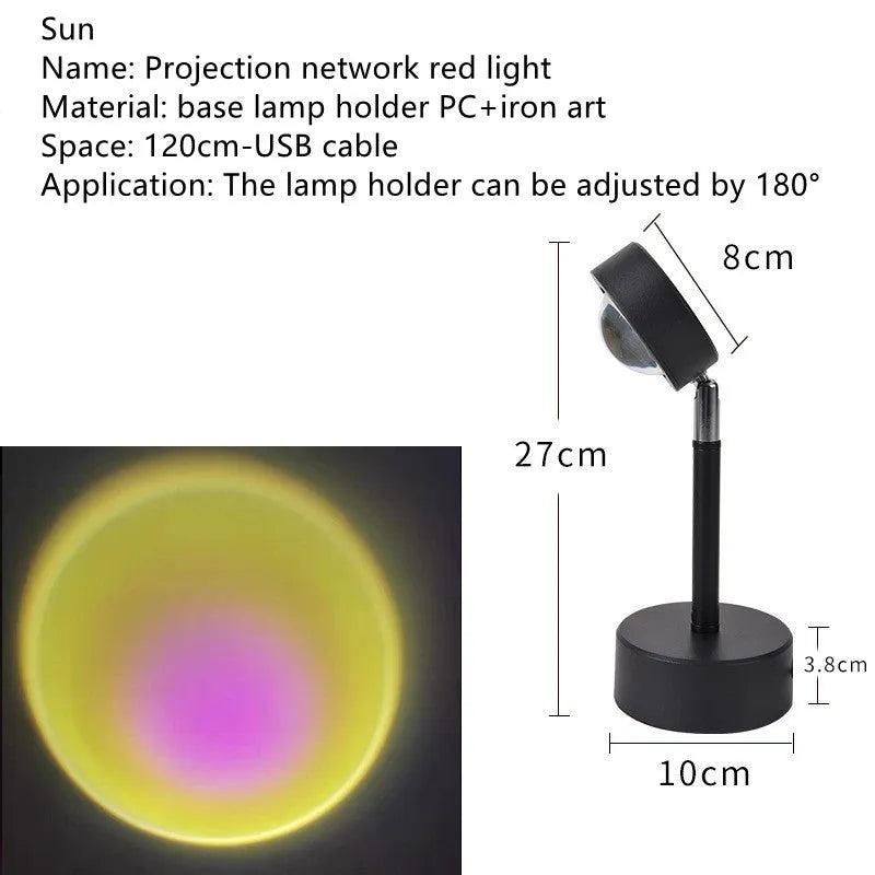 WiFi LED sunset projector light with 16 RGB colours, 360° rotation, glass lampshade, and touch switch on a table