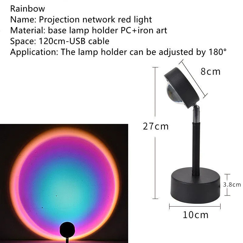 WiFi LED sunset projector light with 16 RGB colours, 360° rotation, glass lampshade, and touch switch on a table