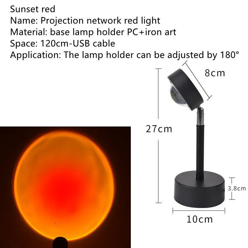 WiFi LED sunset projector light with 16 RGB colours, 360° rotation, glass lampshade, and touch switch on a table