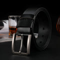 Men's cowhide leather belt with rectangular alloy pin buckle in black colour on white background