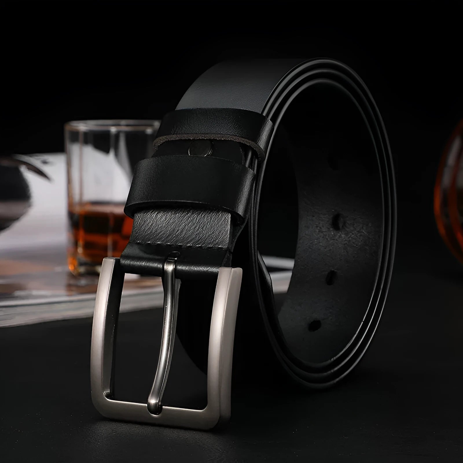 Men's cowhide leather belt with rectangular alloy pin buckle in black colour on white background